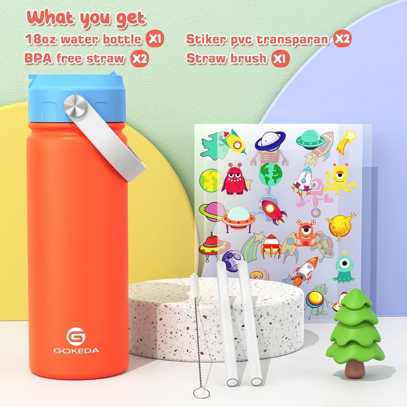 GOKEDA 18oz Kids Water Bottle, Insulated Water Bottles with Stickers, 18/8 Stainless Steel Vacuum Leak Proof Straw Cup for School, Gifts for Boys Girls(Orange) - Image 2